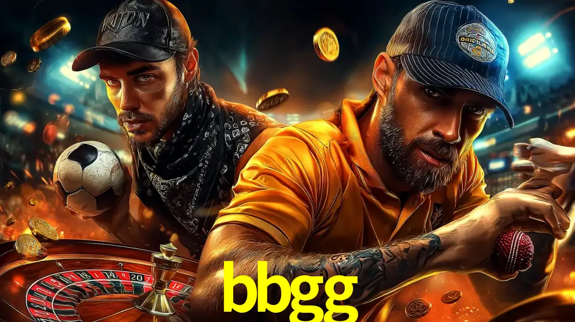 Montagem de apostas esportivas e cassino no bbgg, com um homem segurando uma bola de futebol e outro uma de beisebol sobre uma roleta e moedas voadoras.