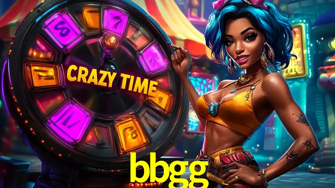 Mulher estilizada com cabelo azul e visual vibrante posando ao lado da roda de prêmios do game show Crazy Time, convidando para a diversão e os bônus do cassino bbgg.